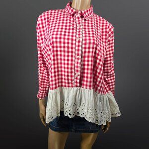 Vintage Red Gingham Lace Ruffled Blouse One Size Trapeze Swing Top Cottagecore